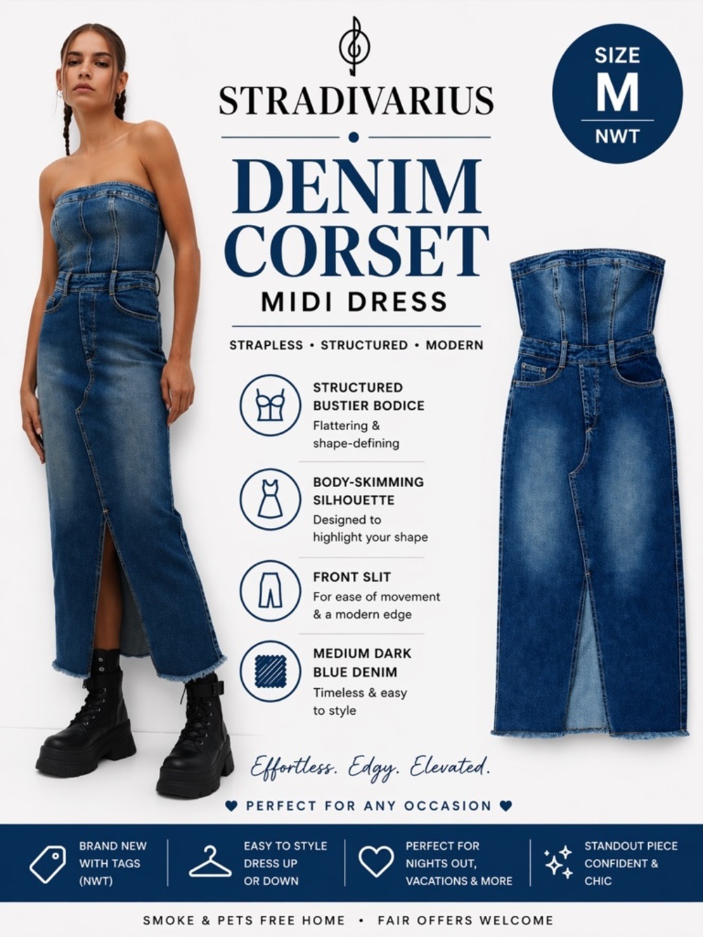 Stradivarius Denim Corset Midi Dress NWT Size M Strapless Slit